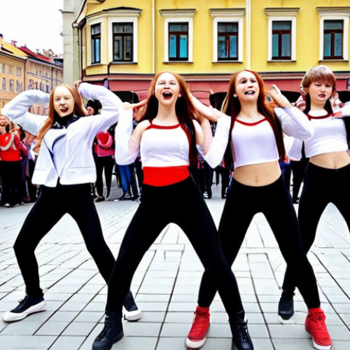 Home 18 **K-Pop Dance Group in Warsaw:** A diverse group of Polish teenagers energetically performing a K-Pop dance cover in a Warsaw city square, vibrant colors, dynamic poses, audience cheering.