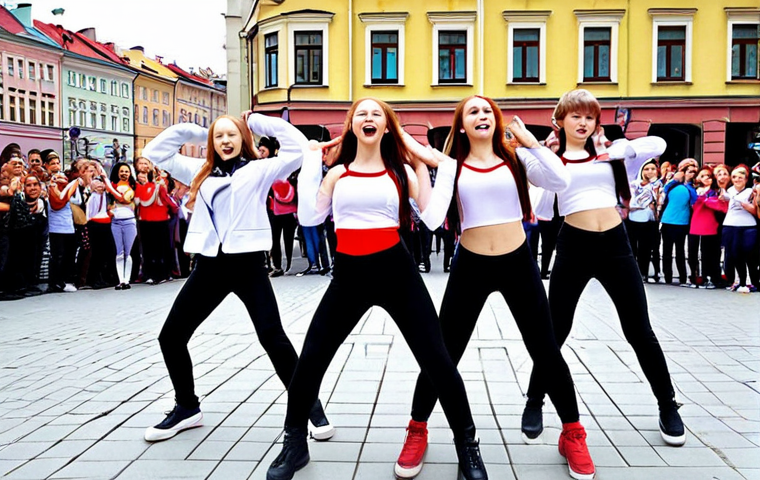 **K-Pop Dance Group in Warsaw:** A diverse group of Polish teenagers energetically performing a K-Pop dance cover in a Warsaw city square, vibrant colors, dynamic poses, audience cheering.