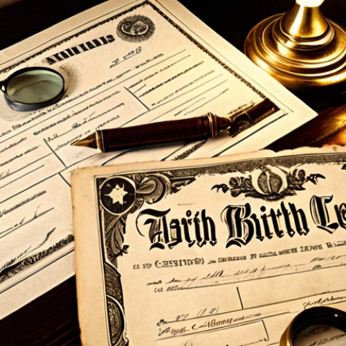 Home 17 **Genealogical Research:** A close-up of weathered birth certificates, marriage licenses, and historical documents spread across a wooden table, illuminated by a vintage desk lamp. Quill pen and magnifying glass in the scene.