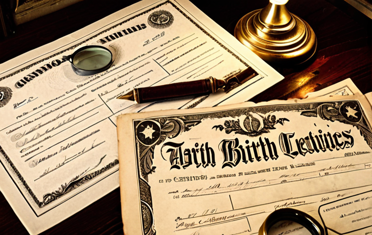 **Genealogical Research:** A close-up of weathered birth certificates, marriage licenses, and historical documents spread across a wooden table, illuminated by a vintage desk lamp. Quill pen and magnifying glass in the scene.