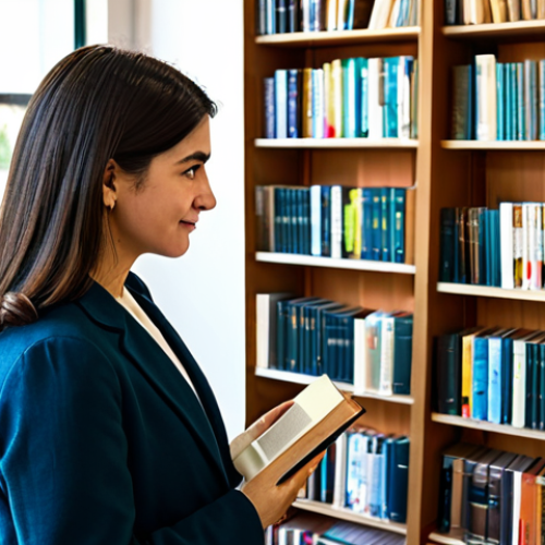 Home 8 A professional female bookseller, fully clothed in a modest, smart casual outfit, standing in a brightly lit modern bookstore. She is gently holding a book, looking towards an implied customer or at the book with a thoughtful expression. The background features neatly organized wooden bookshelves filled with diverse books, and a glimpse of a comfortable literary cafe area. The scene conveys a calm, inviting atmosphere, safe for work, appropriate content, fully clothed, professional, modest, perfect anatomy, correct proportions, natural pose, well-formed hands, proper finger count, natural body proportions, professional photography, high quality, realistic lighting.