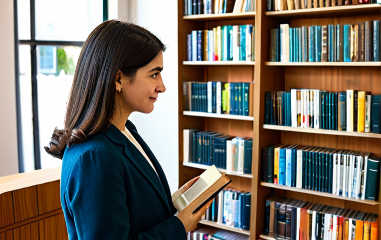 A professional female bookseller, fully clothed in a modest, smart casual outfit, standing in a brightly lit modern bookstore. She is gently holding a book, looking towards an implied customer or at the book with a thoughtful expression. The background features neatly organized wooden bookshelves filled with diverse books, and a glimpse of a comfortable literary cafe area. The scene conveys a calm, inviting atmosphere, safe for work, appropriate content, fully clothed, professional, modest, perfect anatomy, correct proportions, natural pose, well-formed hands, proper finger count, natural body proportions, professional photography, high quality, realistic lighting.