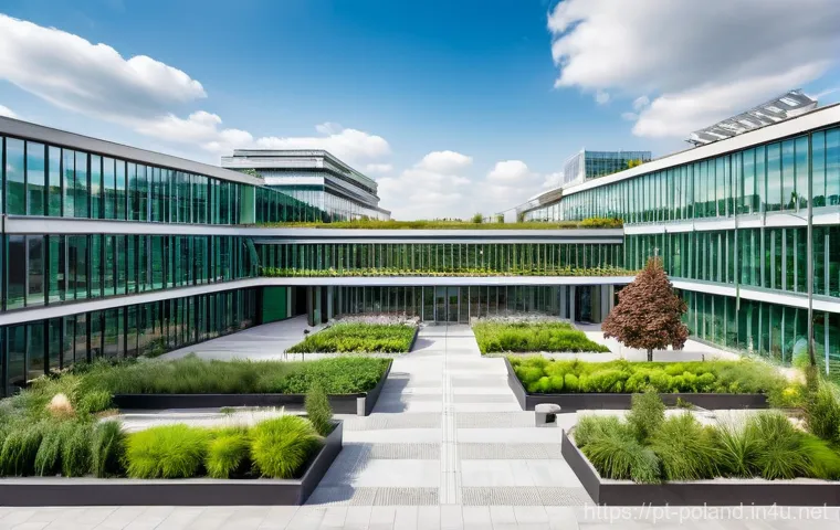 폴란드의 대표적인 도서관 - **Prompt 1: Modern Library with Rooftop Garden**
A wide-angle shot capturing the stunning modern...