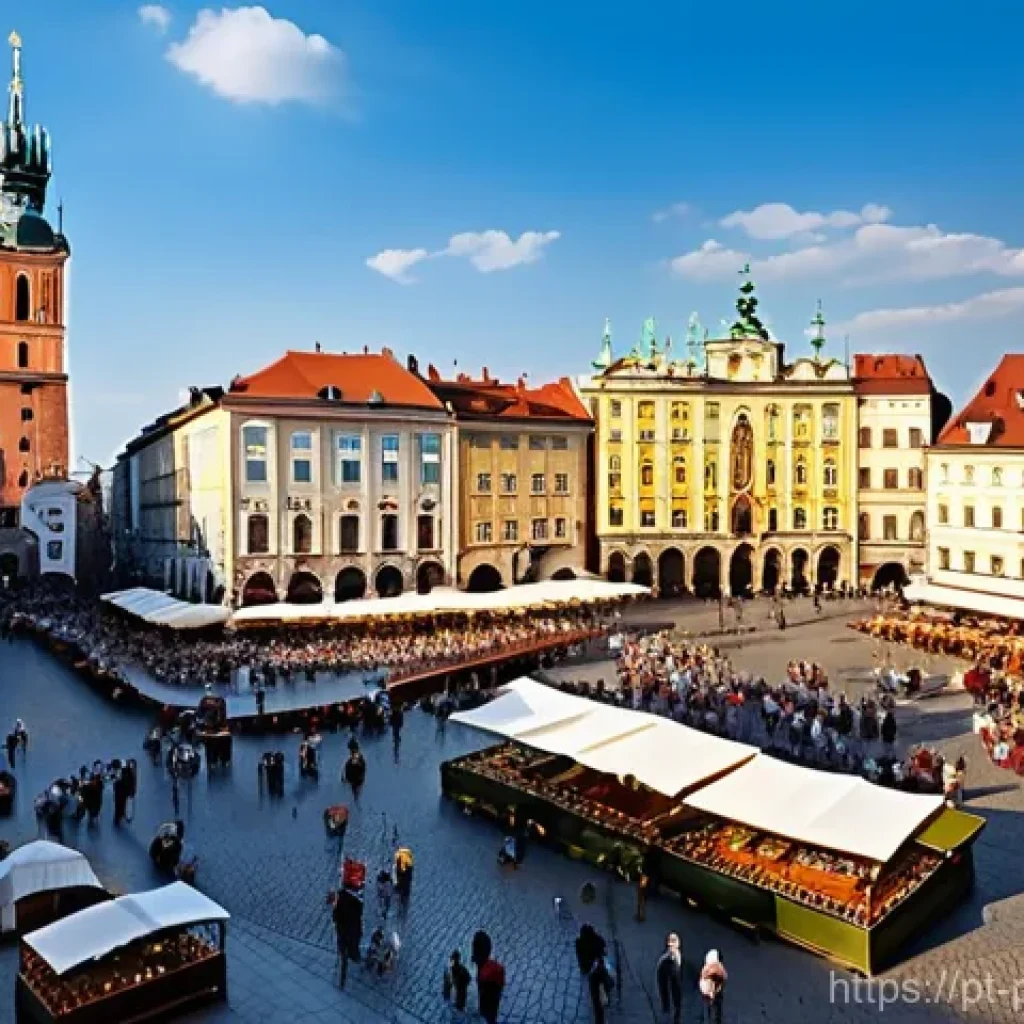 크라쿠프 명소 추천 - **Prompt: The Grandeur of Krakow's Main Market Square**
A wide-angle, highly detailed, realistic...