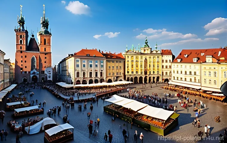 크라쿠프 명소 추천 - **Prompt: The Grandeur of Krakow's Main Market Square**
A wide-angle, highly detailed, realistic...