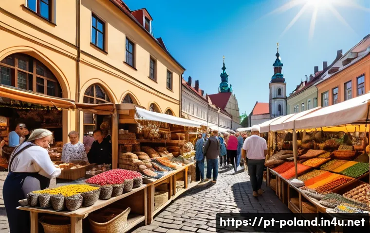 폴란드에서 쇼핑하기 - A vibrant traditional Polish outdoor market scene during daytime, bustling with diverse local vendor...