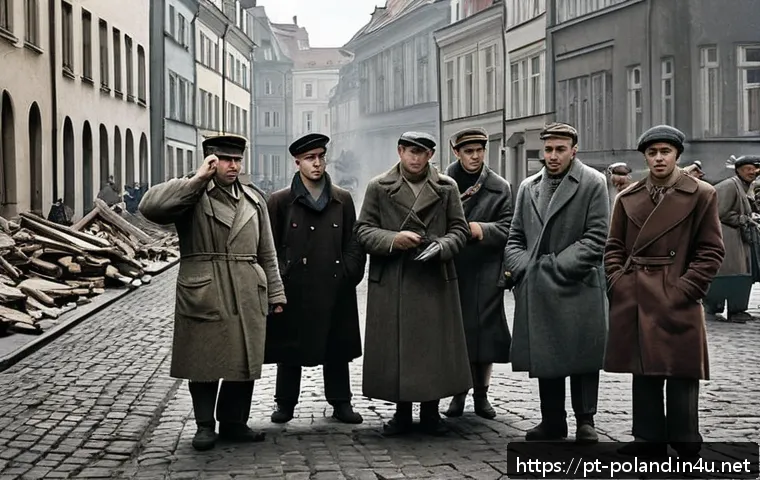 폴란드에서 유명한 사건 - A detailed, realistic scene of Warsaw during the 1944 uprising, showing a diverse group of civilians...