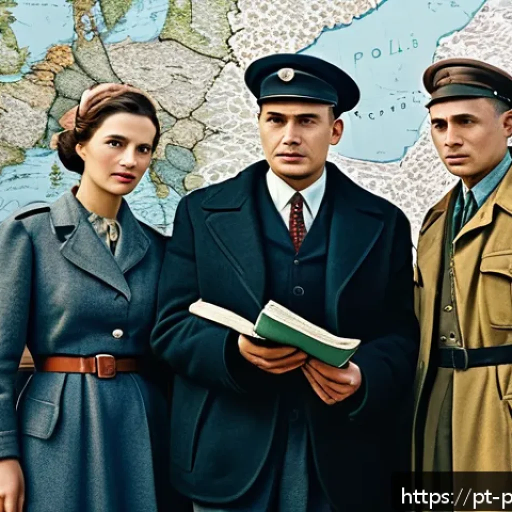 제2차 세계대전과 폴란드 - A detailed historical scene depicting post-World War II Poland’s shifting borders: a large map showi...