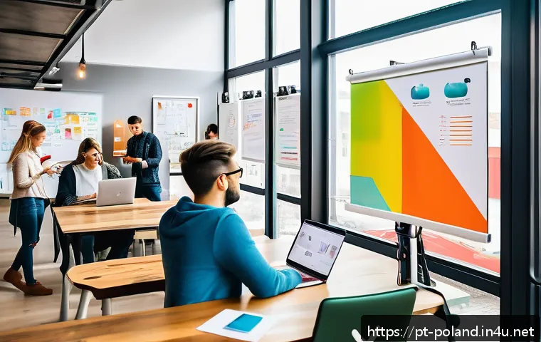 폴란드 스타트업 환경 - A modern coworking space in Warsaw filled with diverse young professionals collaborating on laptops ...
