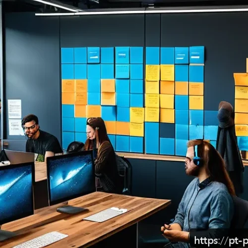 Home 32 폴란드 게임 산업 - A modern Polish game development studio workspace, featuring a diverse team of programmers, designer...