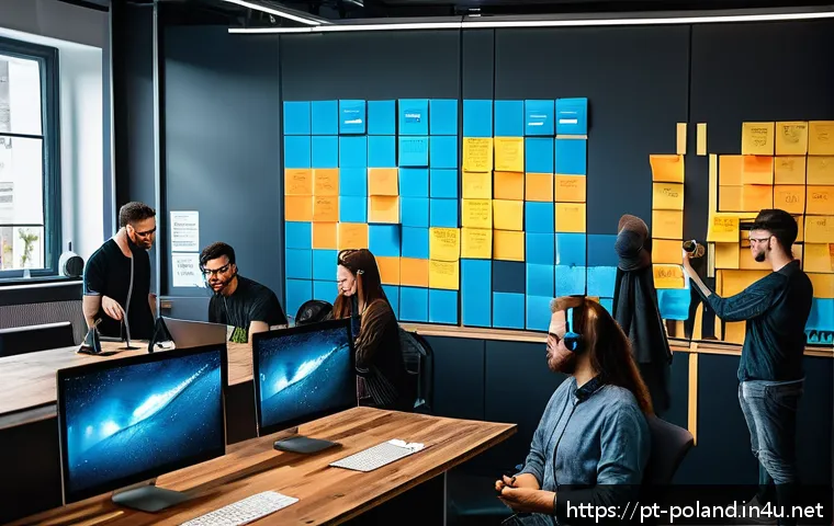 폴란드 게임 산업 - A modern Polish game development studio workspace, featuring a diverse team of programmers, designer...
