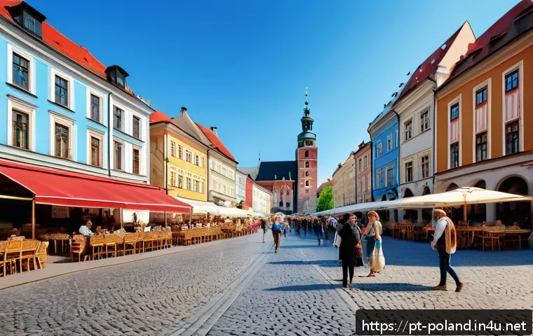 폴란드 관광 명소 TOP 10 - A vibrant street scene in Krak&oacute;w&rsquo;s historic Old Town, showcasing cobblestone streets bustling with p...