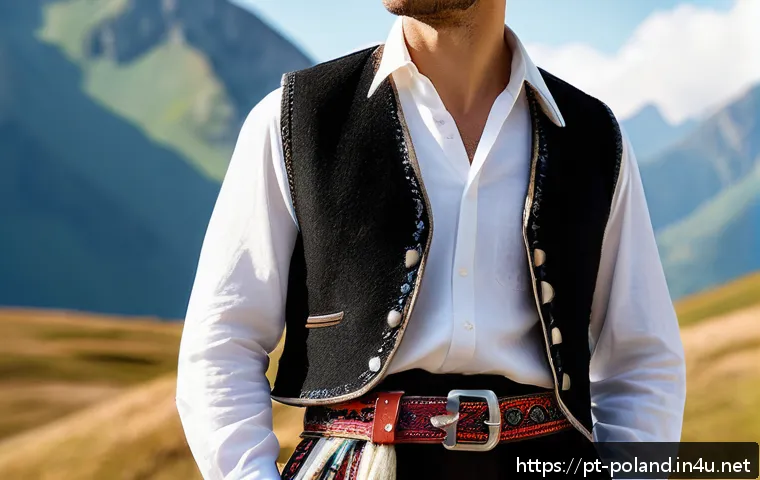 폴란드 전통 의상 소개 - A detailed portrait of a Polish Góral man standing in a mountainous landscape wearing traditional at...
