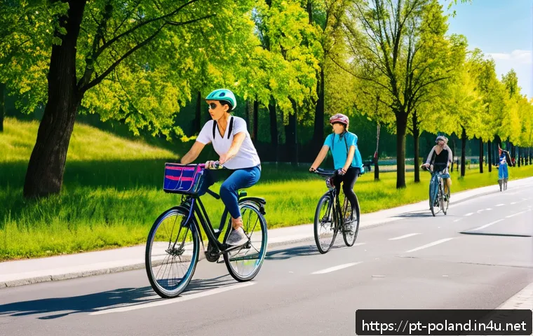 폴란드에서 자전거 타기 좋은 도시 - A vibrant urban cycling scene in Warsaw along the Vistula River bike path during a sunny day, featur...