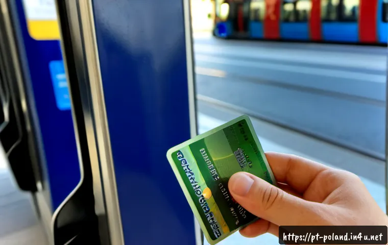 Home 17 폴란드의 대중교통 요금 - Photorealistic close-up of a traveler at a modern Warsaw tram ticket machine, holding a contactless ...