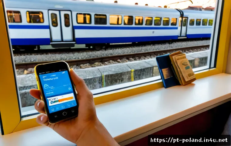 Home 30 폴란드에서 기차표 예매하는 법 - Photorealistic travel-planning scene in Poland, Portuguese-speaking adult traveler seated at a tidy ...