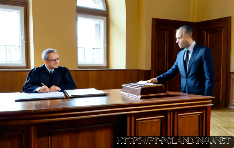 Home 17 폴란드 법률 제도 - Photorealistic interior of a Polish courthouse in Warsaw, a middle-aged Portuguese-speaking visitor ...